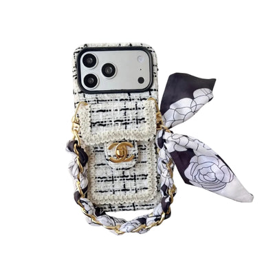 Luxury Tweed Designer iPhone Case with Scarf Chain for iPhone 13-18 Pro & Pro Max